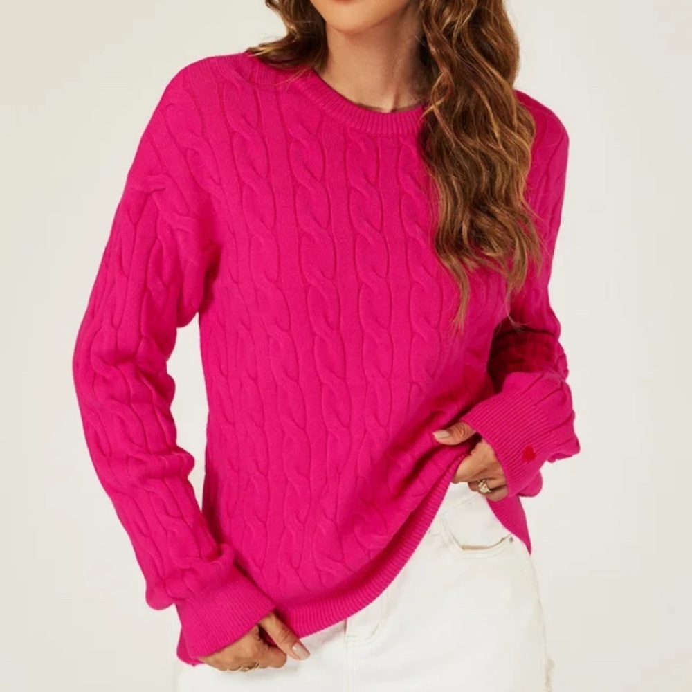 Vintage women’s Knit Sweater Chunky Cable Knit Eaton Hot Pink Fisherman wool Sz